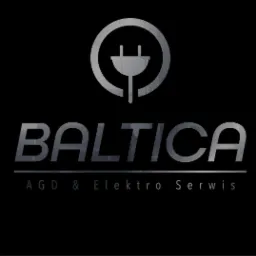 Logo firmy Baltica AGD & Elektro Serwis z symbolem wtyczki w okręgu na czarnym tle.