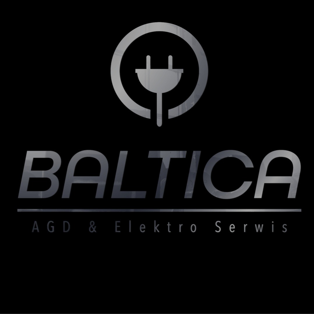 Logo firmy Baltica AGD & Elektro Serwis z symbolem wtyczki w okręgu na czarnym tle.