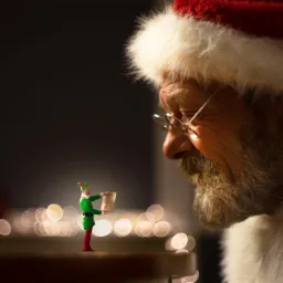 Santa Claus in profile with glasses, reviewing a list held by a small elf figurine standing on a table, bokeh lights in the background.