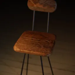 Drewniane krzesło barowe z metalowymi nogami na drewnianej podłodze, oświetlone ciepłym światłem