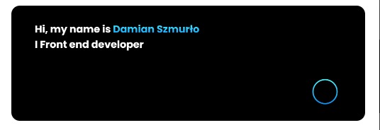 Minimalistyczna wizytówka cyfrowa programisty front-end z imieniem i nazwiskiem Damian Szmurło, wyświetlana na czarnym tle z neonowo-niebieskim okręgiem w prawym dolnym rogu.