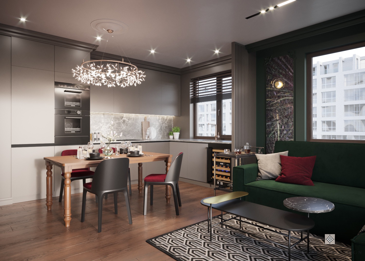 Nowoczesne wnętrze: szaro-biała kuchnia z marmurowym backsplash, drewniany stół z czarnymi i czerwonymi krzesłami, zielona sofa z poduszkami, designerski żyrandol i geometryczny dywan.