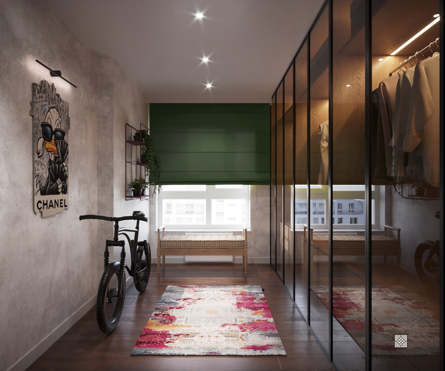 Nowoczesna garderoba z przeszklonymi drzwiami szafy, rower miejski jako element dekoracyjny, dywan w odcieniach różu i beżu, grafika na ścianie z motywem Chanel, drewniana podłoga i ławka przy...
