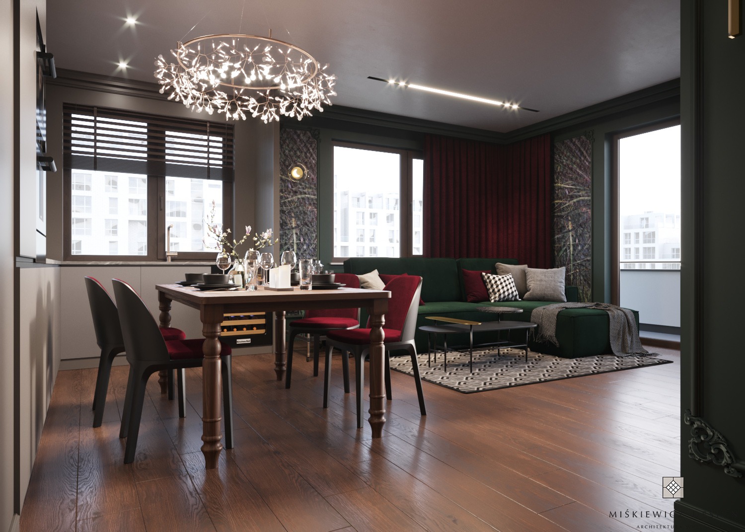 Nowoczesne wnętrze z ciemną paletą barw: stół jadalny z nakryciem, zielona sofa z poduszkami, dekoracyjna lampa sufitowa w kształcie rozgwieżdżonego okręgu, parkiet z ciemnego drewna.