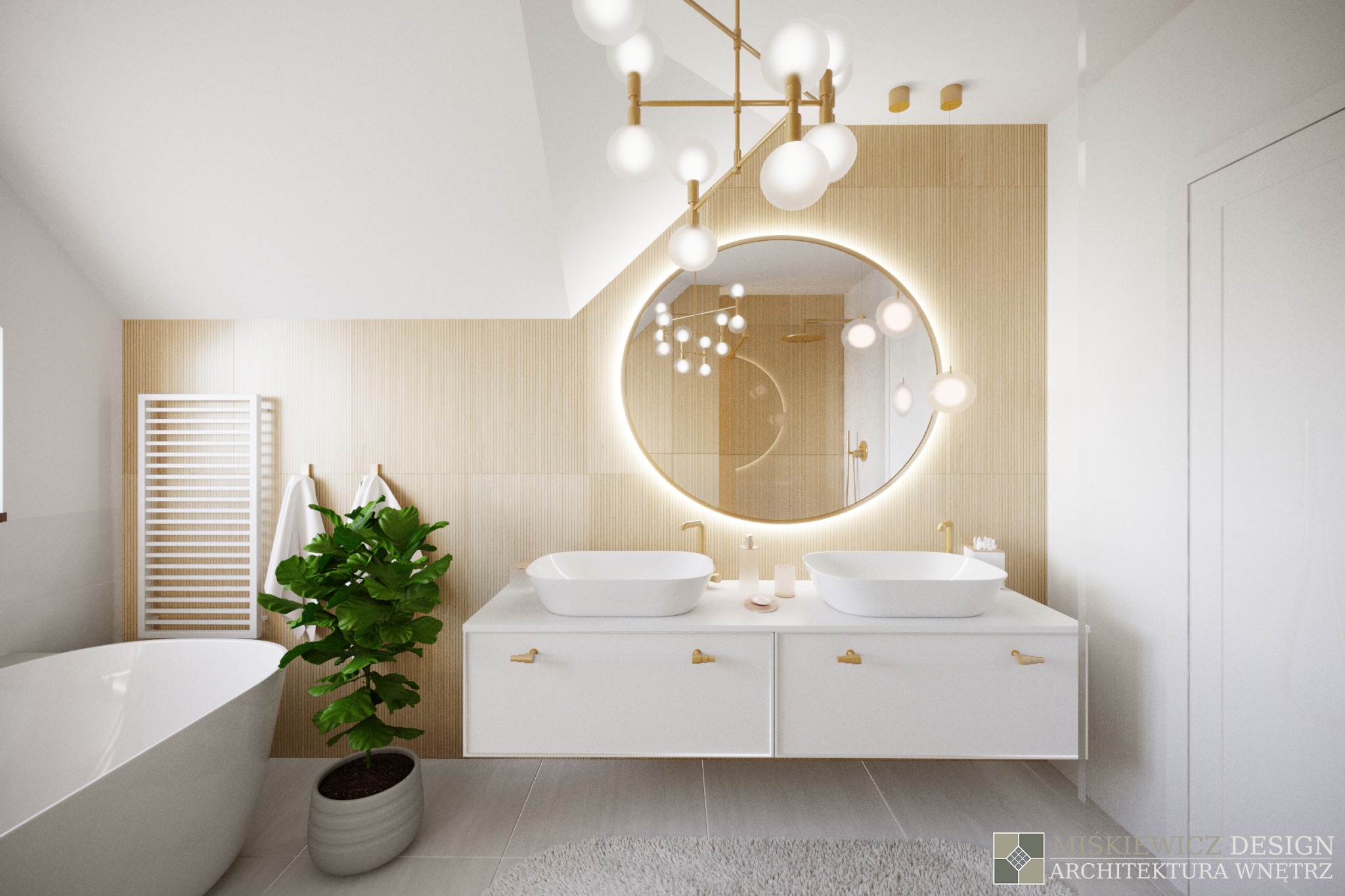 Jasna łazienka na poddaszu z okrągłym lustrem podświetlonym LED, białą szafką z dwiema umywalkami, złotą armaturą i dekoracyjną lampą sufitową.