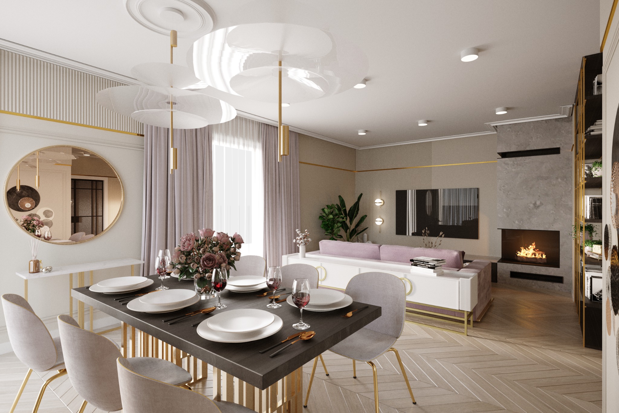 Elegancka jadalnia z ciemnym stołem, nakryta białymi talerzami i kieliszkami, w tle salon z kominkiem i sofą w odcieniach fioletu, całość utrzymana w jasnej kolorystyce z akcentami złota.