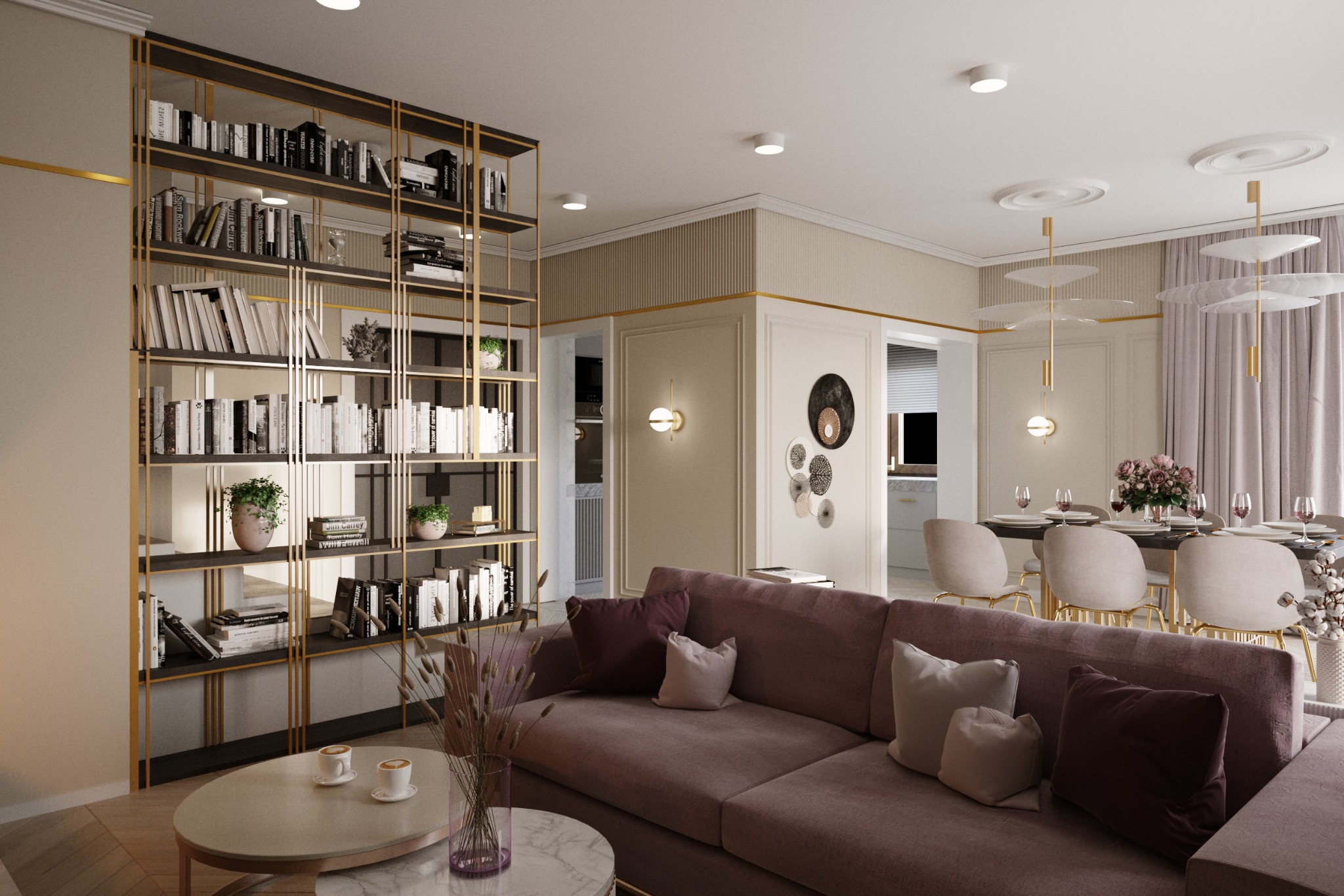 Elegancki salon z regałem na książki, sofą w odcieniach fioletu i jadalnią w tle, oświetlony nowoczesnymi lampami wiszącymi.