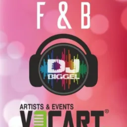 Plakat reklamowy oprawy muzycznej imprez z logo DJ Biggel, słuchawkami i nazwą firmy Vocart.