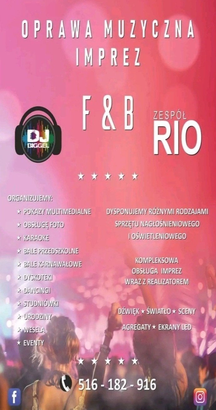 Plakat reklamowy firmy oferującej oprawę muzyczną imprez, z logo DJ Biggel i Zespół Rio, informacjami o ofercie, numerem telefonu i ikonami mediów społecznościowych na tle rozmazanej publiczności...