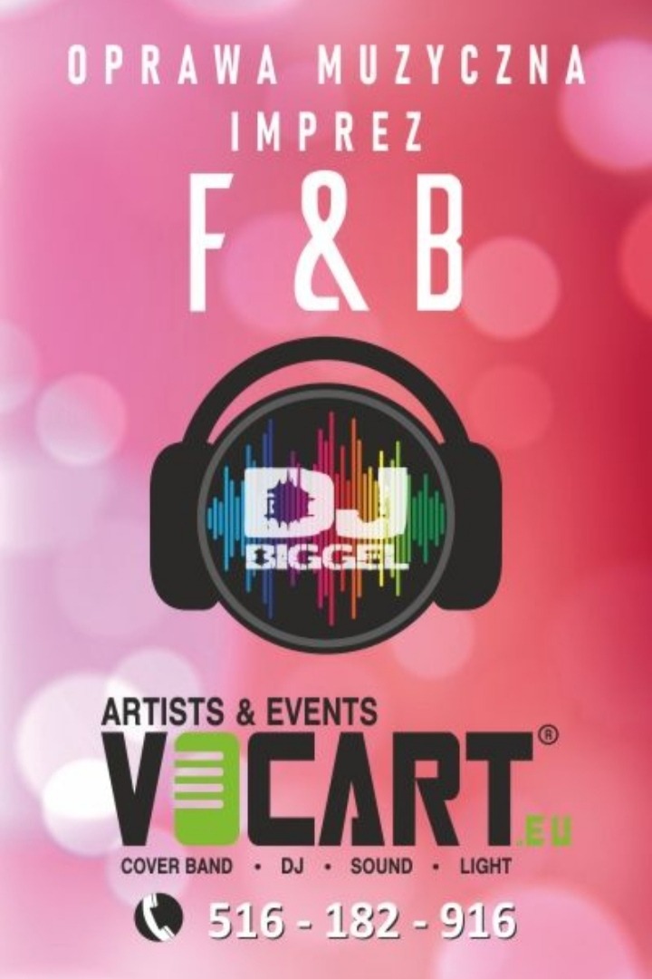 Plakat reklamowy oprawy muzycznej imprez z logo DJ Biggel, słuchawkami i nazwą firmy Vocart.
