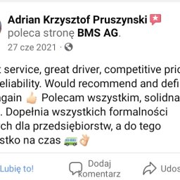Firma Wielobranżowa BMS AG Agnieszka Kimel - Zrzut ekranu pozytywnej recenzji firmy BMS AG, chwalącej świetną obsługę, kierowcę, konkurencyjne ceny i niezawodność, z ikoną autobusu i gestem OK.