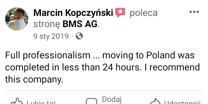 Zrzut ekranu z Facebooka przedstawiający pozytywną recenzję użytkownika Marcina Kopczyńskiego na temat firmy BMS AG, chwalącego profesjonalizm i szybkość przeprowadzki do Polski.