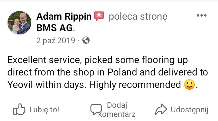 Zrzut ekranu z recenzją klienta firmy BMS AG, chwalącą szybką dostawę podłóg z Polski do Yeovil.