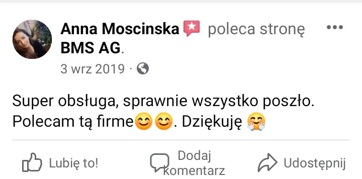 Zrzut ekranu z pozytywną opinią Anny Mosińskiej o firmie BMS AG z dnia 3 września 2019 roku, chwalącej sprawną i super obsługę.