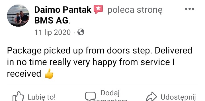 Zrzut ekranu z pozytywną opinią klienta o firmie BMS AG, dotyczącej odbioru paczki z domu i szybkiej dostawy.