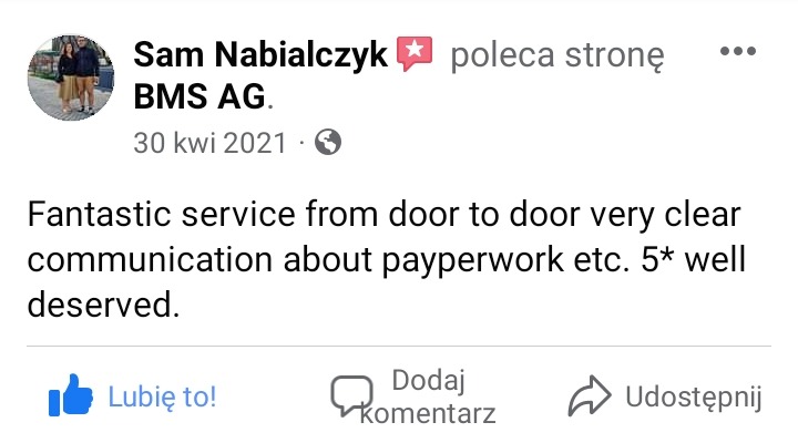 Zrzut ekranu z pozytywną opinią klienta na Facebooku o firmie BMS AG, chwalący 'fantastyczną obsługę od drzwi do drzwi' i jasną komunikację.