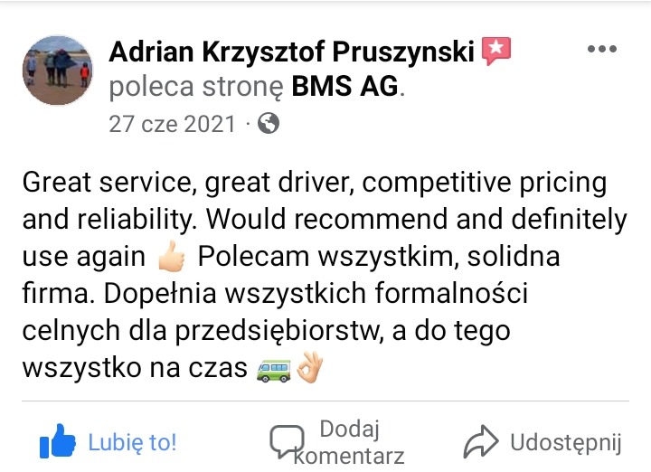 Zrzut ekranu pozytywnej recenzji firmy BMS AG, chwalącej świetną obsługę, kierowcę, konkurencyjne ceny i niezawodność, z ikoną autobusu i gestem OK.
