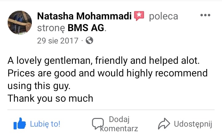 Zrzut ekranu z Facebooka przedstawiający pozytywną recenzję użytkownika Natasha Mohammadi dla strony BMS AG, z tekstem chwalącym uprzejmość i pomocność oraz dobre ceny.