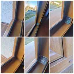 Szczegółowe ujęcia brązowego okna PCV z widocznymi okuciami i uszczelkami, prezentujące detale konstrukcyjne i wykończenie.