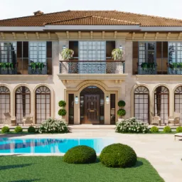 Dwupiętrowy dom z piaskowca z basenem, balkonami z kwiatami i rustykalnymi oknami z okiennicami.