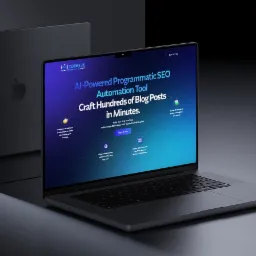 Laptop z wyświetloną stroną narzędzia AI do automatycznego generowania treści blogowych, obok drugi laptop z logo Apple, całość w stonowanej, ciemnej kolorystyce.