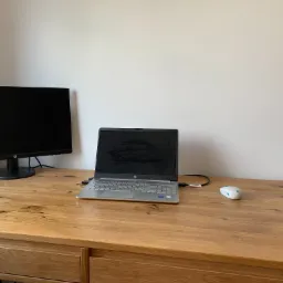 Biurko z laptopem HP, monitorem i myszką na tle jasnej ściany. Drewniany blat biurka z widocznymi słojami. Minimalistyczne, domowe biuro.