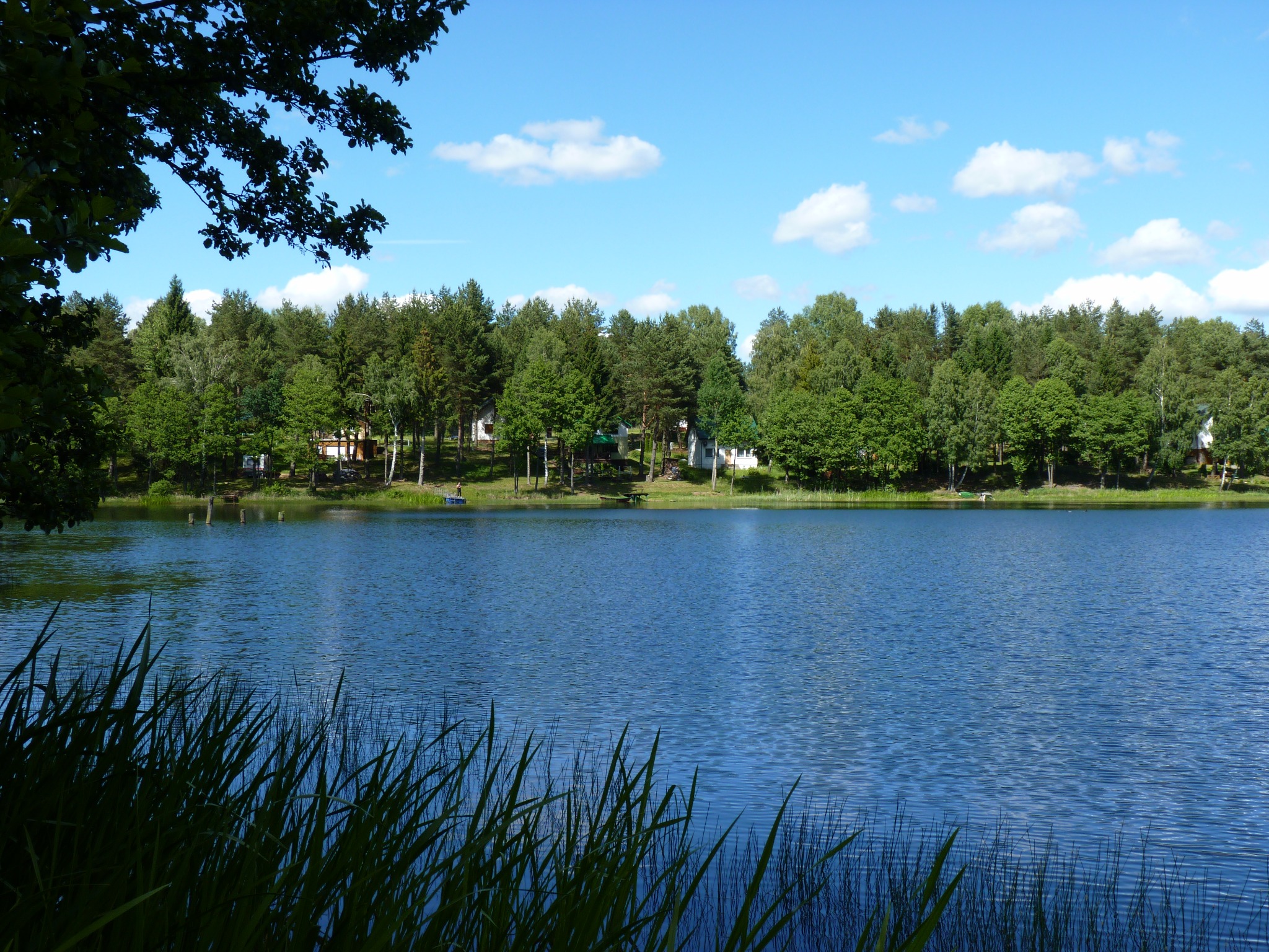 Widok na jezioro Bobolickie z brzegiem porośniętym trawą, w tle linia drzew i budynki rekreacyjne, błękitne niebo z chmurami.