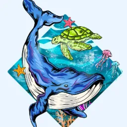 Ilustracja przedstawiająca wieloryba, żółwia morskiego, rozgwiazdy i meduzy w stylistyce cartoon, umieszczone w romboidalnej ramie imitującej podwodny krajobraz z koralowcami.