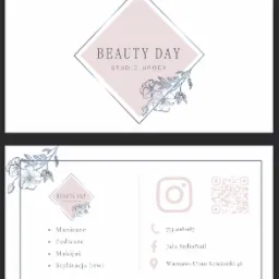 Dwustronna wizytówka studia urody 'Beauty Day' z logo w kształcie rombu z motywem kwiatowym, danymi kontaktowymi, adresem i listą oferowanych usług.