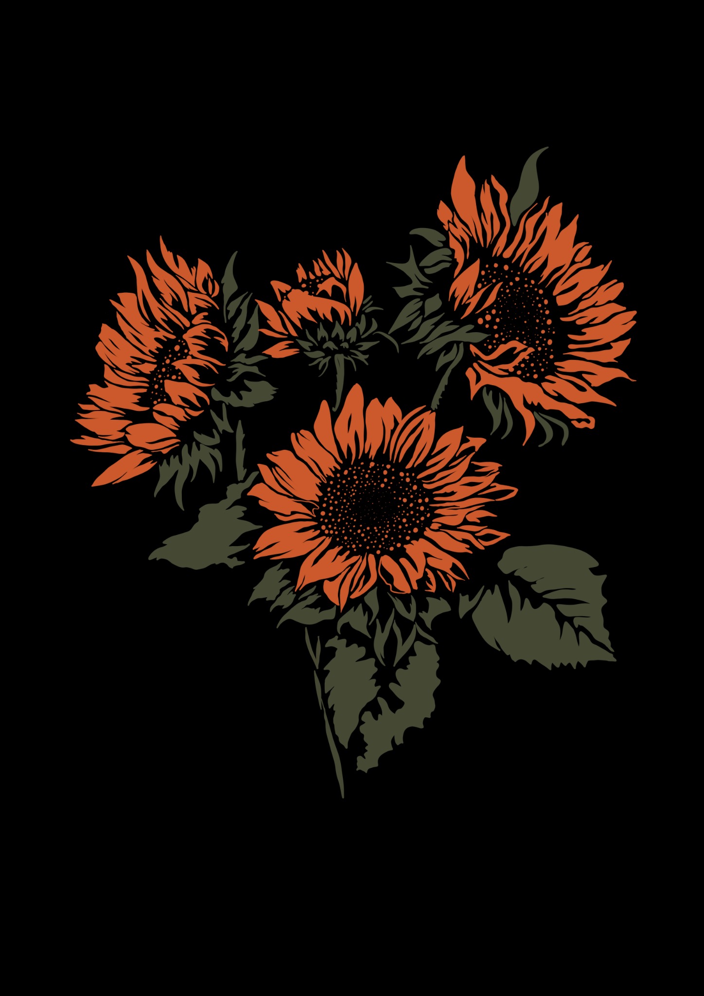 Ilustracja przedstawiająca bukiet stylizowanych, pomarańczowo-brązowych słoneczników z ciemnozielonymi liśćmi na czarnym tle.
