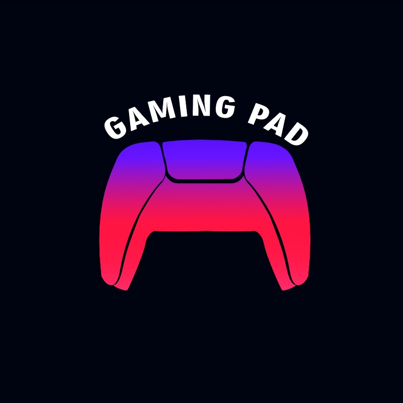 Ilustracja kontrolera do gier w odcieniach fioletu i różu z napisem 'GAMING PAD' na ciemnym tle.