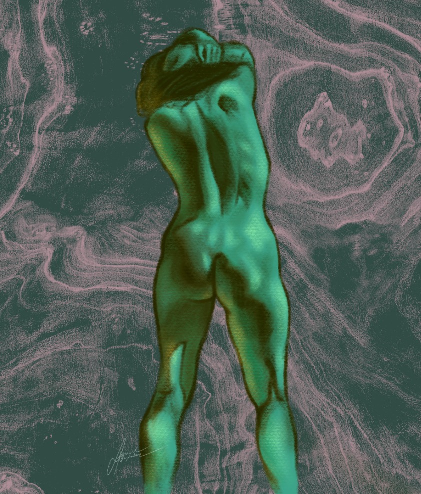 Cyfrowa ilustracja przedstawiająca od tyłu zieloną, kobiecą sylwetkę na abstrakcyjnym, marmurkowym tle w odcieniach zieleni i różu.