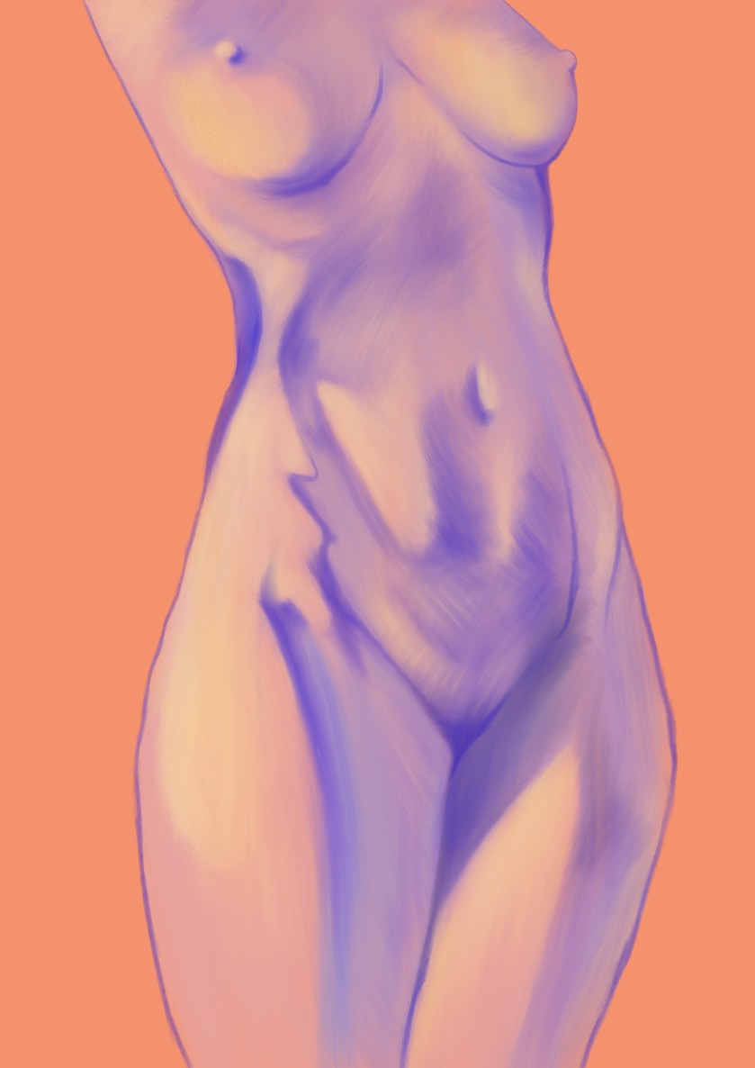 Cyfrowy obraz kobiecego torsu w odcieniach fioletu i pomarańczy, przypominający szkic lub studium anatomiczne.