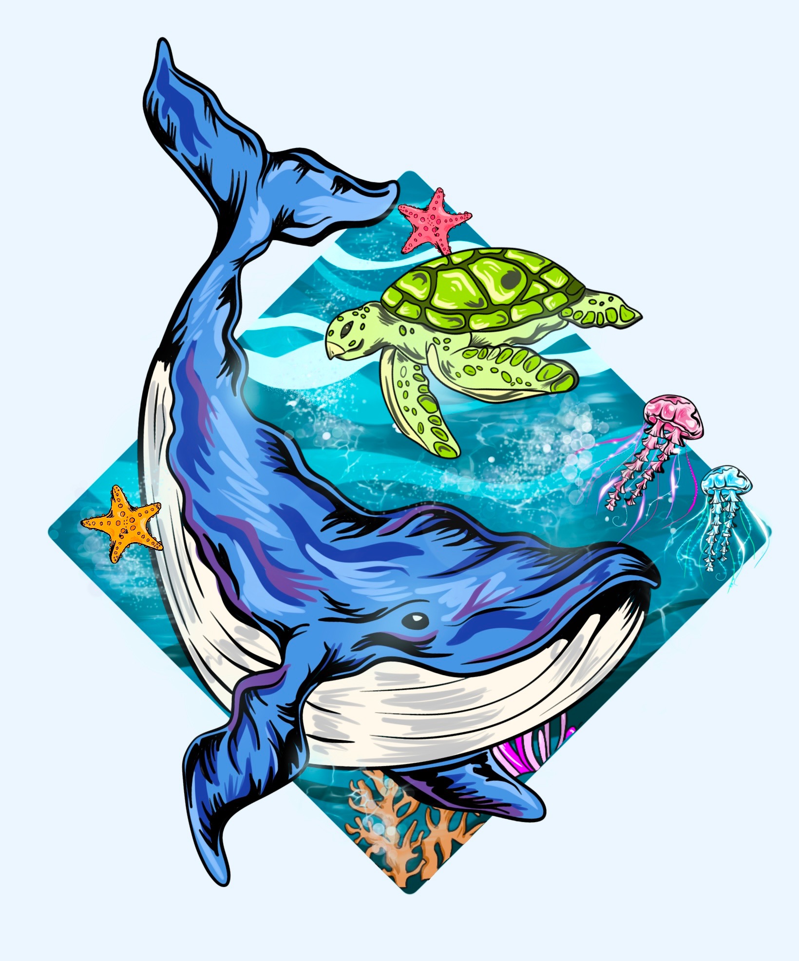 Ilustracja przedstawiająca wieloryba, żółwia morskiego, rozgwiazdy i meduzy w stylistyce cartoon, umieszczone w romboidalnej ramie imitującej podwodny krajobraz z koralowcami.