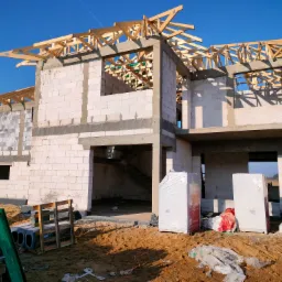 Dwukondygnacyjny dom w stanie surowym otwartym z białych bloczków, widoczne drewniane elementy konstrukcji dachu, teren budowy z materiałami budowlanymi, błękitne niebo w tle.