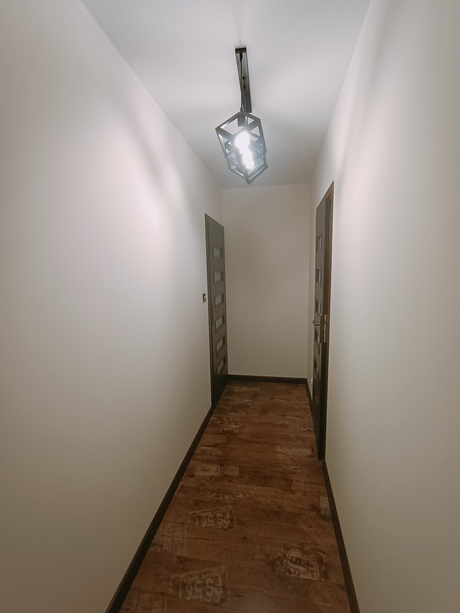 Wnętrze korytarza z drewnopodobną podłogą, białymi ścianami i nowoczesną lampą sufitową w kształcie klatki, dwie pary drzwi po bokach.
