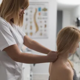 Kobieta w białym uniformie uciska kark pacjentki siedzącej na krześle, w tle plakat z kręgosłupem i zegar na ścianie.