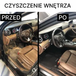 Porównanie wnętrza Mercedesa klasy E przed i po czyszczeniu, widoczna różnica w czystości dywaników i foteli.