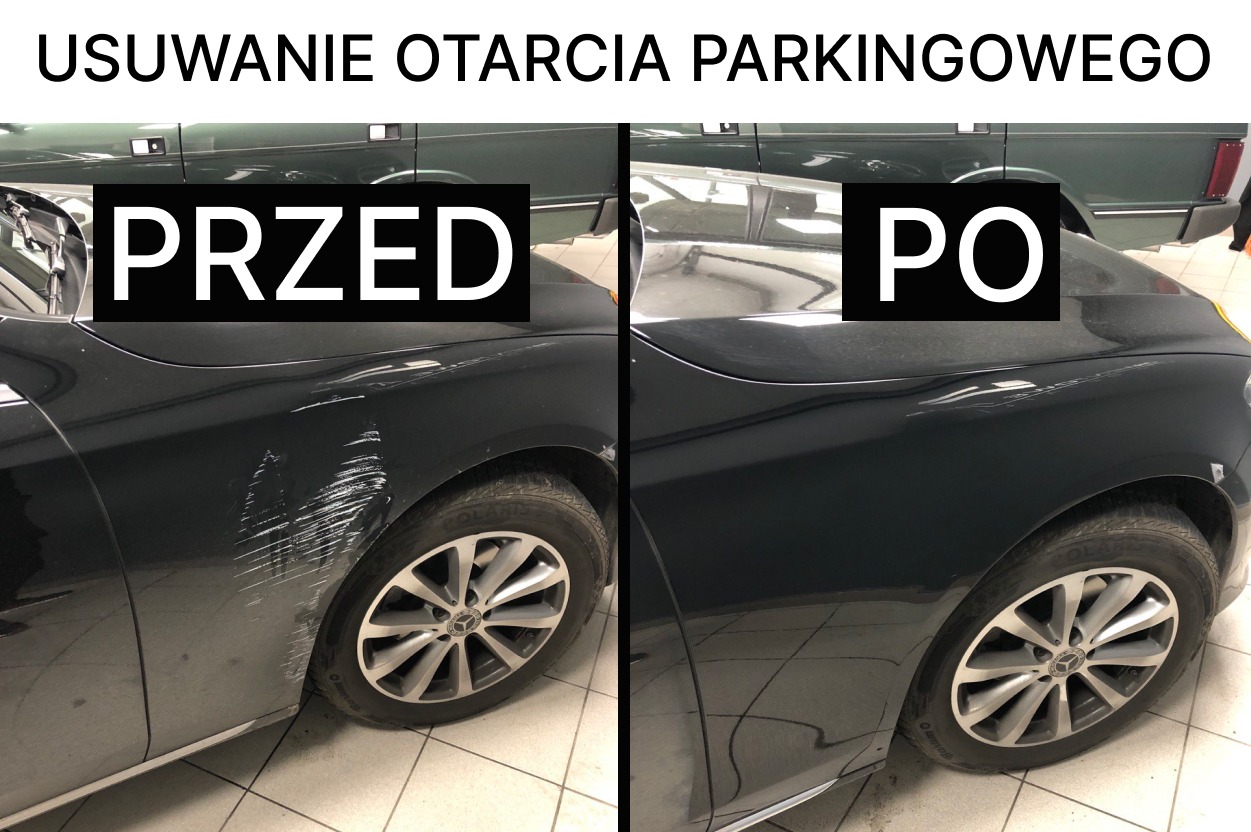 Porównanie stanu karoserii samochodu przed i po usunięciu otarcia parkingowego, widoczne liczne rysy 'przed' oraz gładka powierzchnia 'po'.