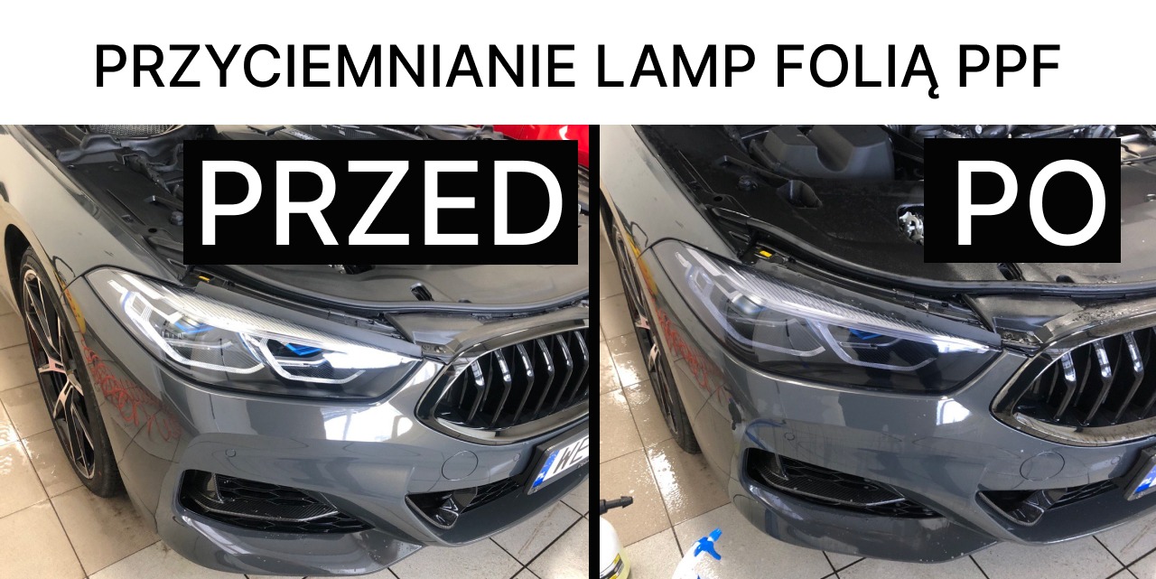 Porównanie przed i po przyciemnianiu lamp folią PPF na szarym samochodzie marki BMW, widoczna różnica w odcieniu lampy.