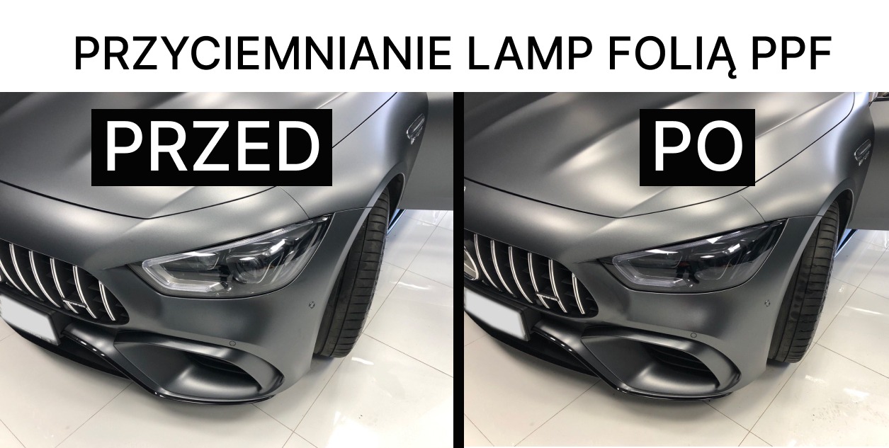 Porównanie przed i po przyciemnianiu lamp folią PPF w matowym, szarym samochodzie sportowym, widoczne różnice w odcieniu reflektorów.