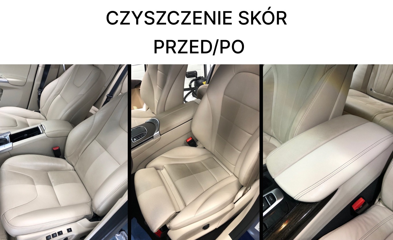 Kolaż przedstawiający beżowe skórzane siedzenia samochodowe przed i po czyszczeniu, ukazujący różnicę w wyglądzie.