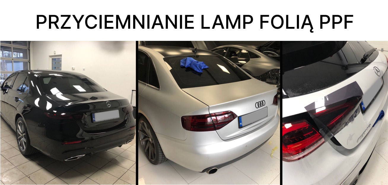 Przyciemnione lampy folią PPF w samochodach różnych marek, widoczne tyły pojazdów, usługa wykonana w Markach.