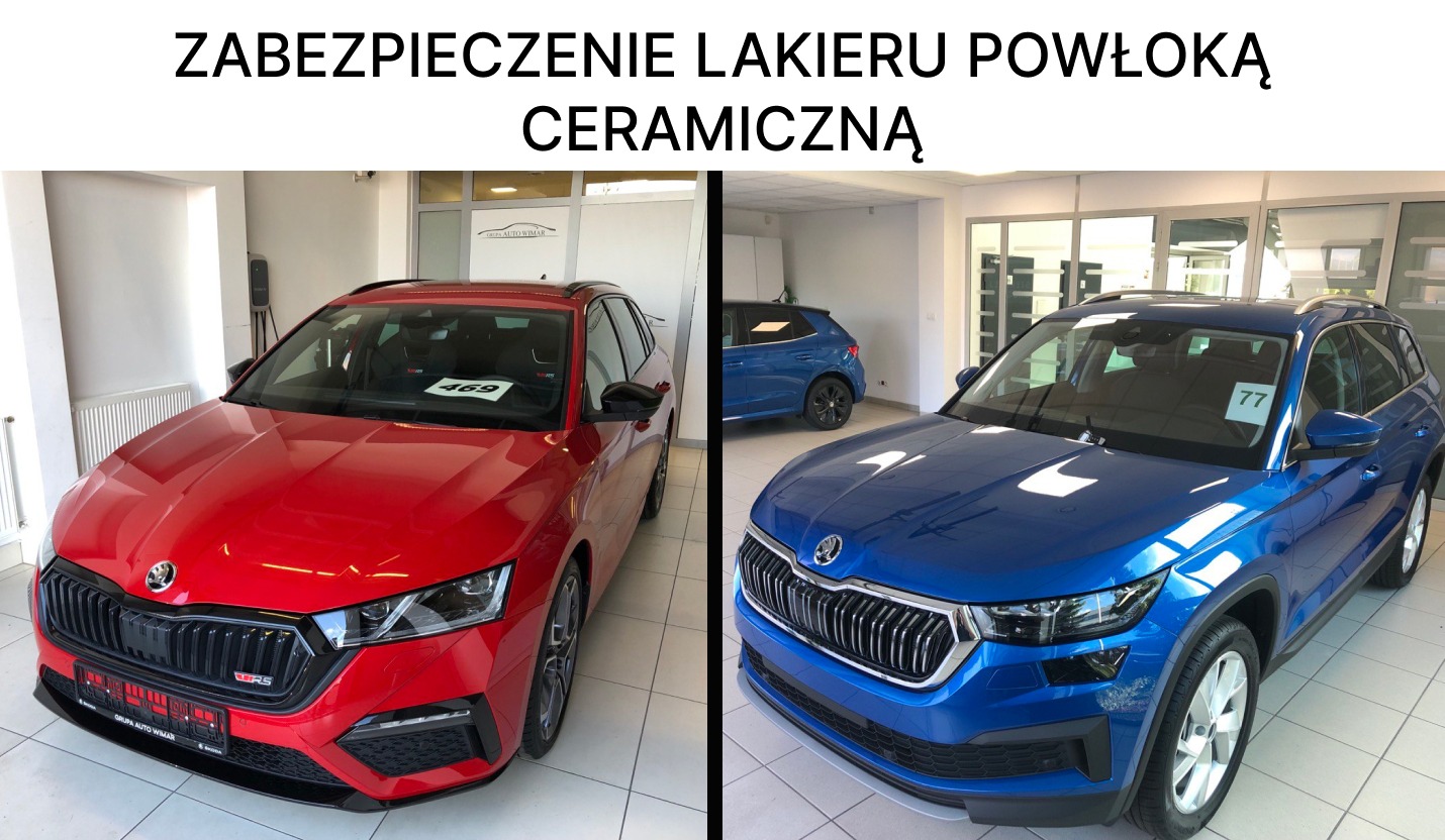 Dwa samochody Skoda: czerwona Octavia RS i niebieski Kodiaq po zabezpieczeniu lakieru powłoką ceramiczną, widoczne w salonie samochodowym.