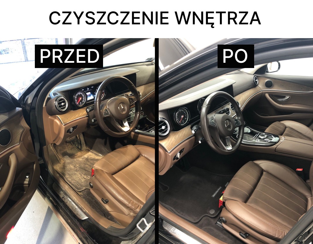 Porównanie wnętrza Mercedesa klasy E przed i po czyszczeniu, widoczna różnica w czystości dywaników i foteli.