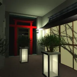 Wnętrze w stylu japońskim z czerwonymi drzwiami torii, bonsai w podświetlanych donicach i ścianą z motywem gałęzi drzewa.