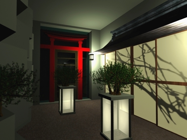 Wnętrze w stylu japońskim z czerwonymi drzwiami torii, bonsai w podświetlanych donicach i ścianą z motywem gałęzi drzewa.