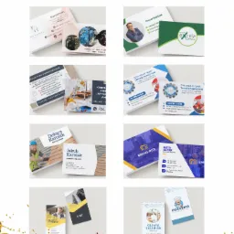 Kolekcja różnorodnych wizytówek z branż budowlanej, dekoratorskiej, gastronomicznej i usługowych, ułożonych na białym tle z kolorowymi plamami farby.