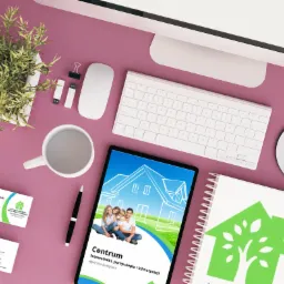 Biurko z tabletem wyświetlającym rodzinę przed domem, wizytówkami, notatnikiem z logo domu-drzewa, klawiaturą, myszką i filiżanką na różowym tle.