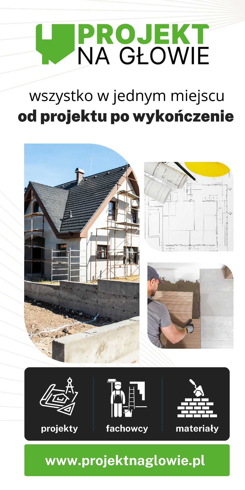 Wizualizacja usług remontowo-budowlanych: dom w trakcie budowy ze rusztowaniem, plany architektoniczne z kaskiem, glazurnik układający płytki, ikony: projekty, fachowcy, materiały oraz adres strony...